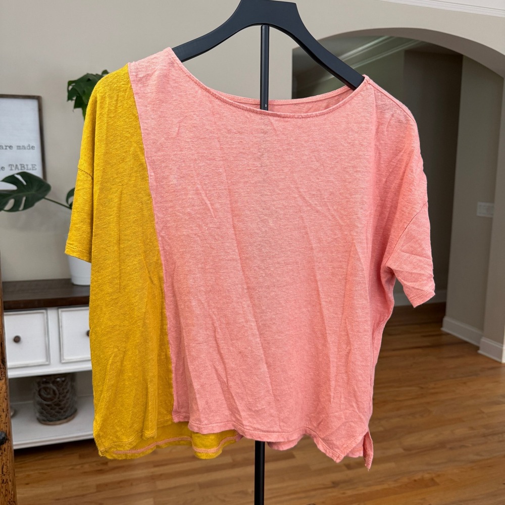 Garnet Hill Organic Linen Colorblock Top Pink Yellow Short Sleeve M